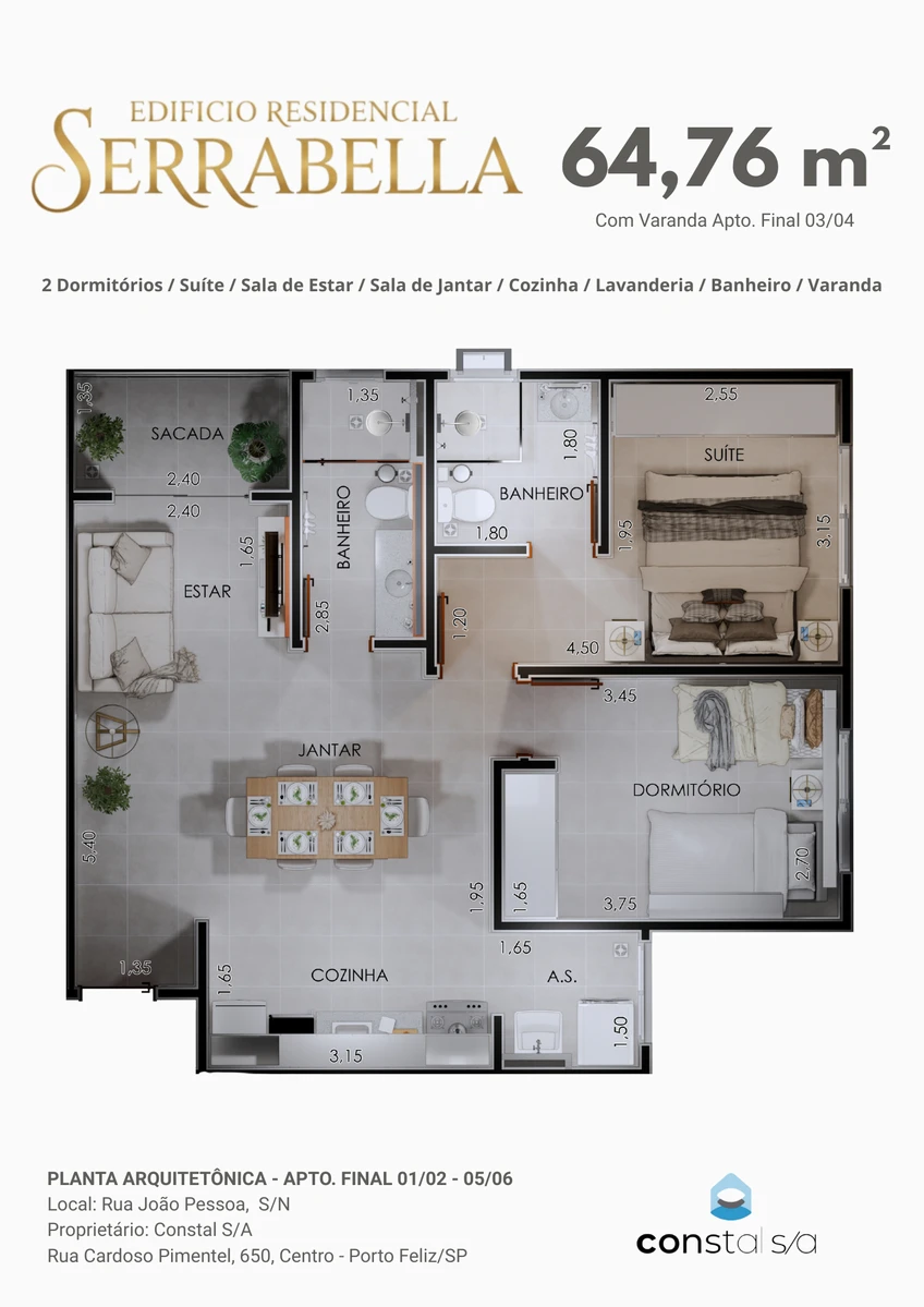 Planta arquitetônica do apartamento de 2 dormitórios com suíte, 64,76 m²