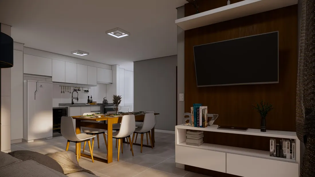 Sala integrada à cozinha do apartamento de 2 dormitórios